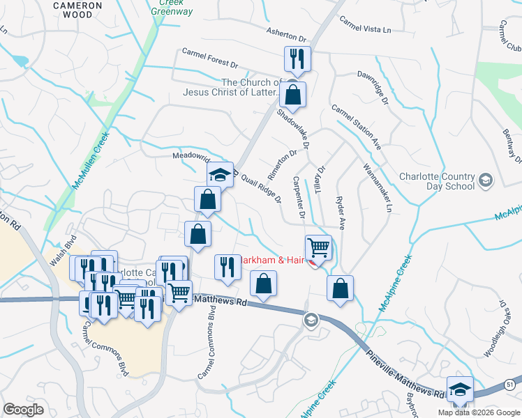 map of restaurants, bars, coffee shops, grocery stores, and more near 7336 Connan Lane in Charlotte