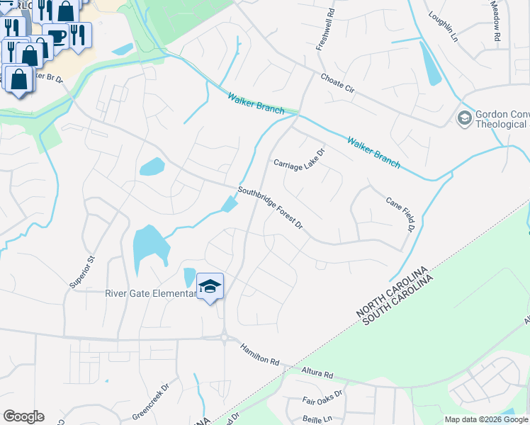 map of restaurants, bars, coffee shops, grocery stores, and more near 14016 Southbridge Forest Drive in Charlotte