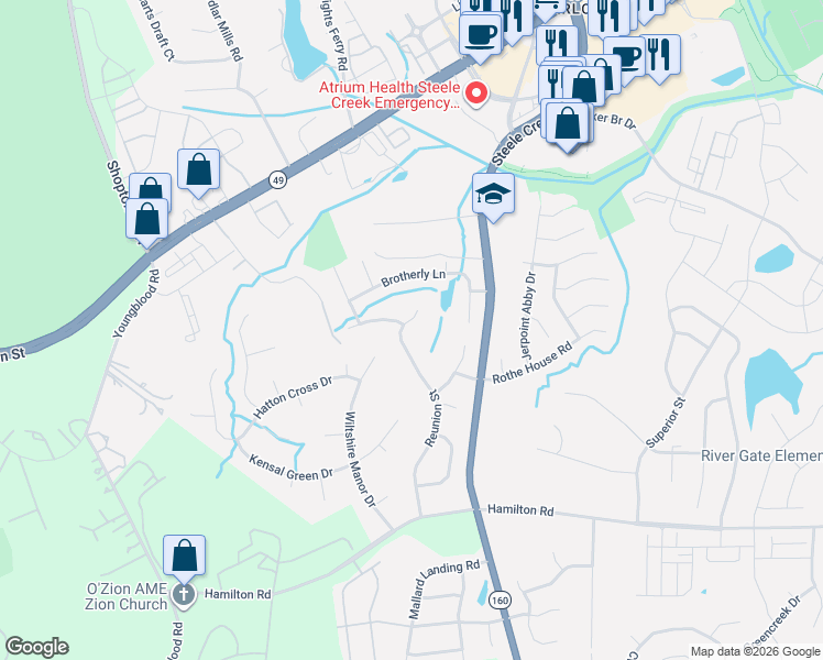 map of restaurants, bars, coffee shops, grocery stores, and more near 14532 Harmonious Street in Charlotte