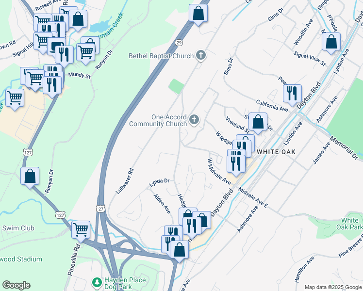 map of restaurants, bars, coffee shops, grocery stores, and more near 333 West Midvale Avenue in Chattanooga