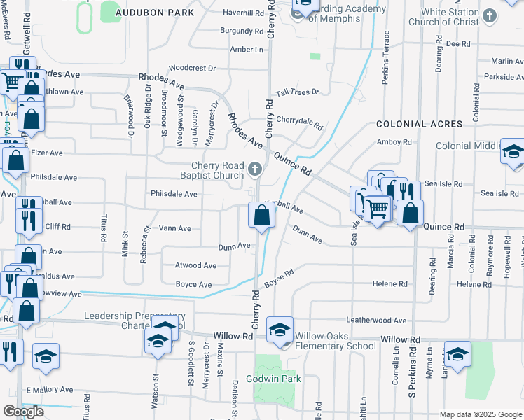 map of restaurants, bars, coffee shops, grocery stores, and more near 4384 Kimball Avenue in Memphis