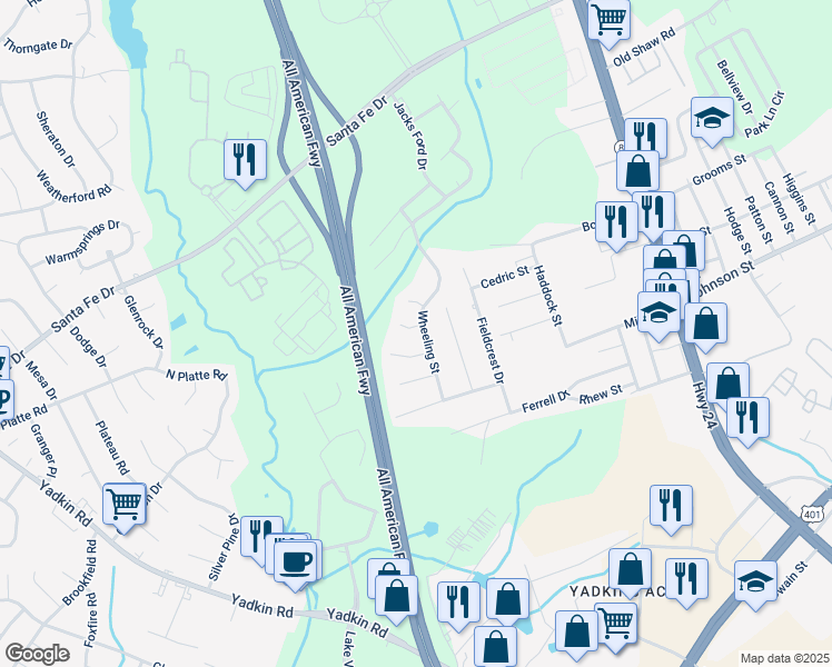 map of restaurants, bars, coffee shops, grocery stores, and more near 5198 Goldeneye Court in Fayetteville