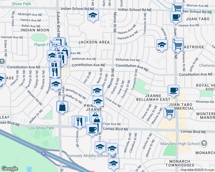 map of restaurants, bars, coffee shops, grocery stores, and more near 1135 Morris Street Northeast in Albuquerque
