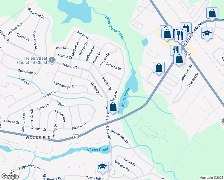 map of restaurants, bars, coffee shops, grocery stores, and more near 1716 Boros Drive in Fayetteville