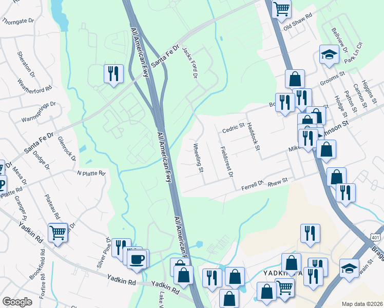 map of restaurants, bars, coffee shops, grocery stores, and more near 5198 Goldeneye Court in Fayetteville