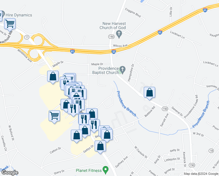 map of restaurants, bars, coffee shops, grocery stores, and more near 223 Tiffany Park Circle in Gaffney