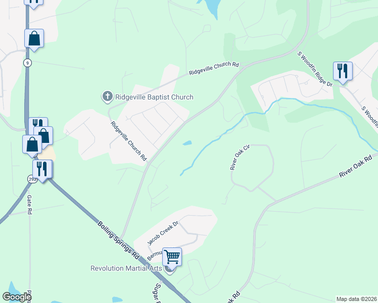 map of restaurants, bars, coffee shops, grocery stores, and more near 360 Lake Bowen Dam Road in Inman