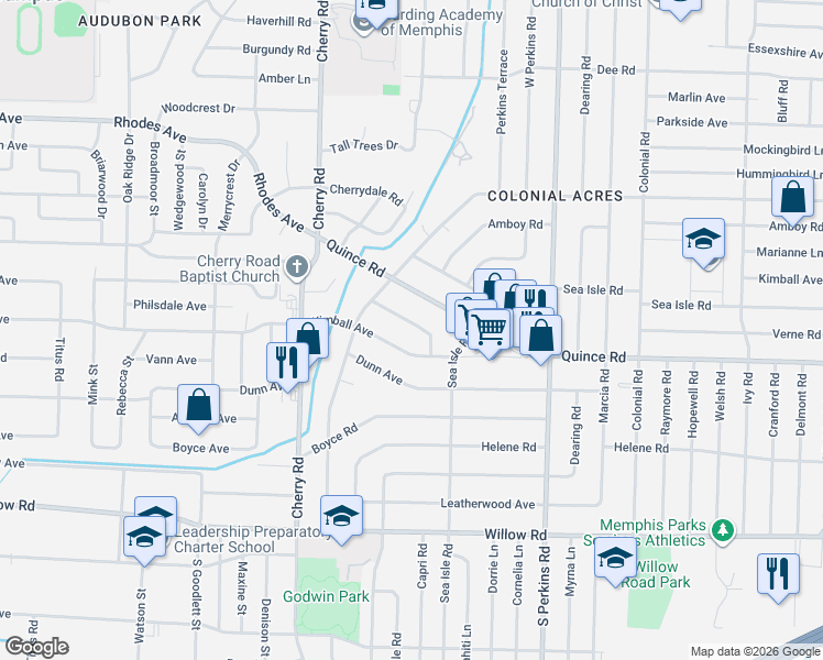 map of restaurants, bars, coffee shops, grocery stores, and more near 4475 Garnett Road in Memphis