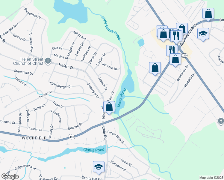 map of restaurants, bars, coffee shops, grocery stores, and more near 1716 Boros Drive in Fayetteville