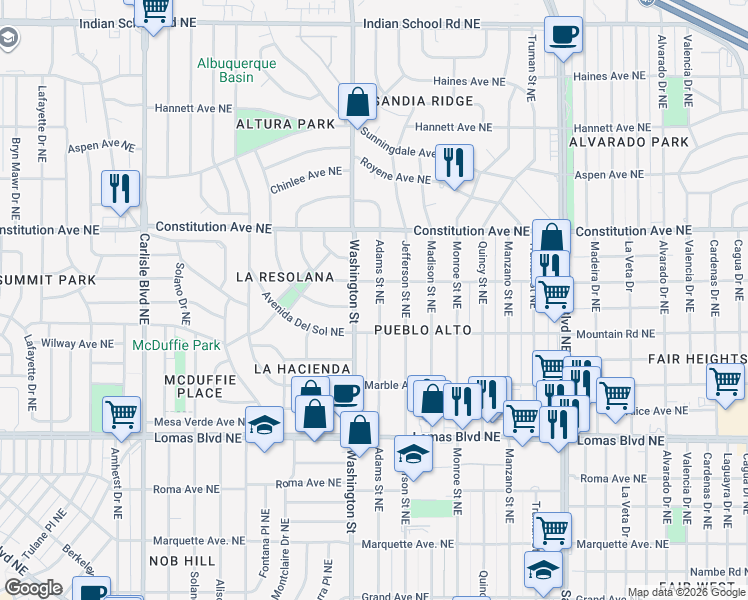 map of restaurants, bars, coffee shops, grocery stores, and more near 829 Adams Street Northeast in Albuquerque