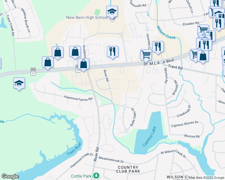 map of restaurants, bars, coffee shops, grocery stores, and more near 102 Belles Way in New Bern