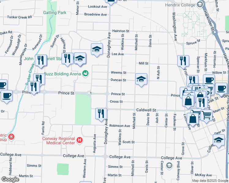map of restaurants, bars, coffee shops, grocery stores, and more near 2018 Prince Street in Conway