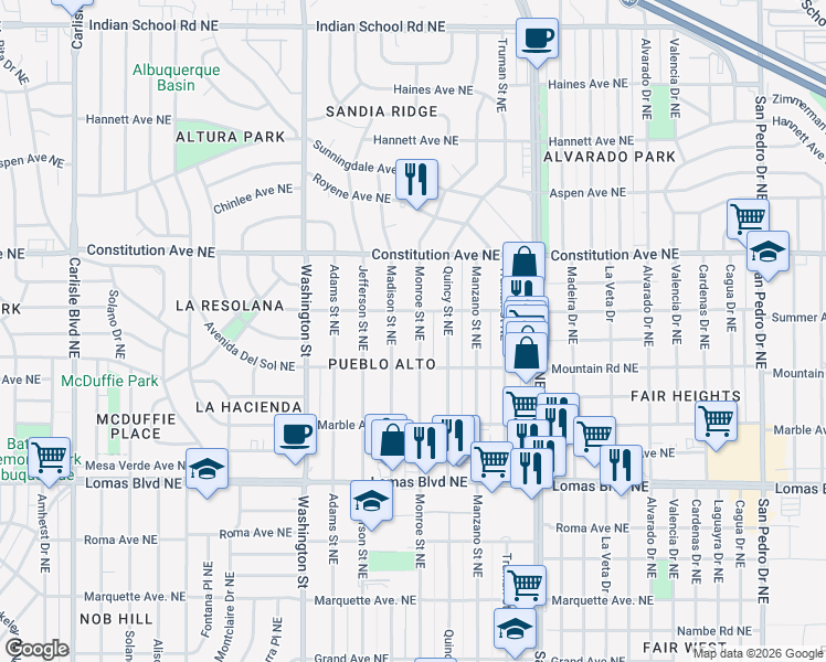 map of restaurants, bars, coffee shops, grocery stores, and more near 832 Madison Street Northeast in Albuquerque