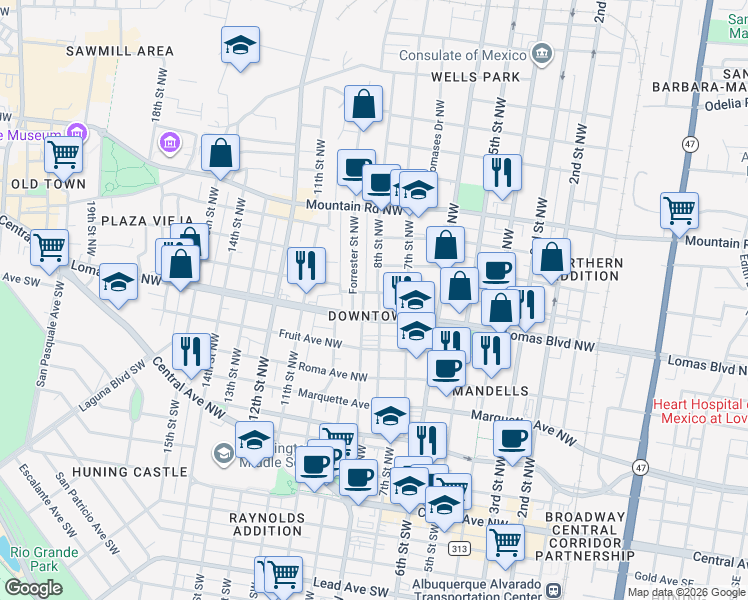 map of restaurants, bars, coffee shops, grocery stores, and more near 824 Forrester Avenue Northwest in Albuquerque