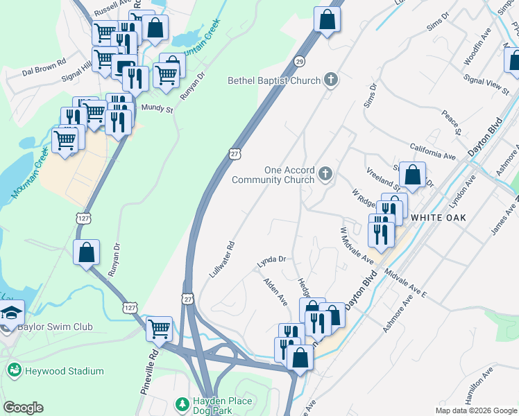 map of restaurants, bars, coffee shops, grocery stores, and more near 504 Lullwater Road in Chattanooga