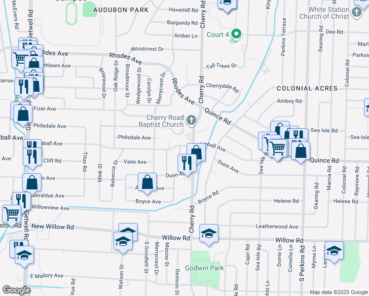 map of restaurants, bars, coffee shops, grocery stores, and more near 4341 Kimball Avenue in Memphis