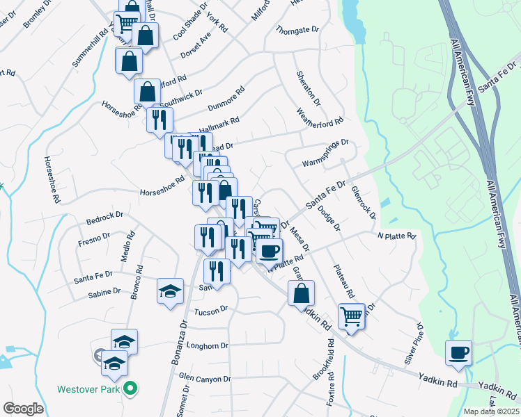 map of restaurants, bars, coffee shops, grocery stores, and more near 5612 Carson Drive in Fayetteville