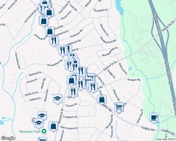 map of restaurants, bars, coffee shops, grocery stores, and more near 5612 Carson Drive in Fayetteville