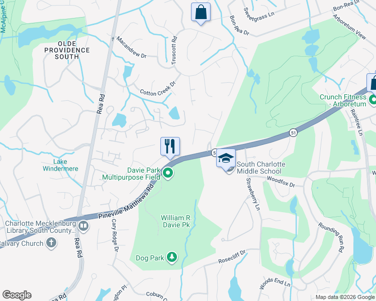 map of restaurants, bars, coffee shops, grocery stores, and more near 5628 McCallum Court in Charlotte