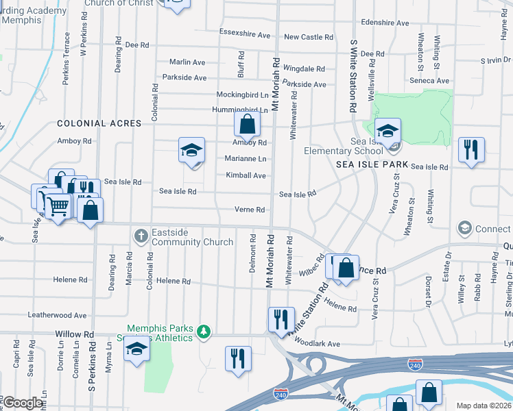 map of restaurants, bars, coffee shops, grocery stores, and more near 4967 Sea Isle Road in Memphis