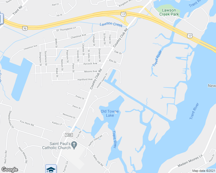 map of restaurants, bars, coffee shops, grocery stores, and more near 1507 Zurich Place in New Bern