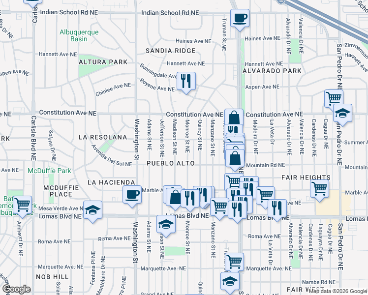 map of restaurants, bars, coffee shops, grocery stores, and more near 832 Madison Street Northeast in Albuquerque