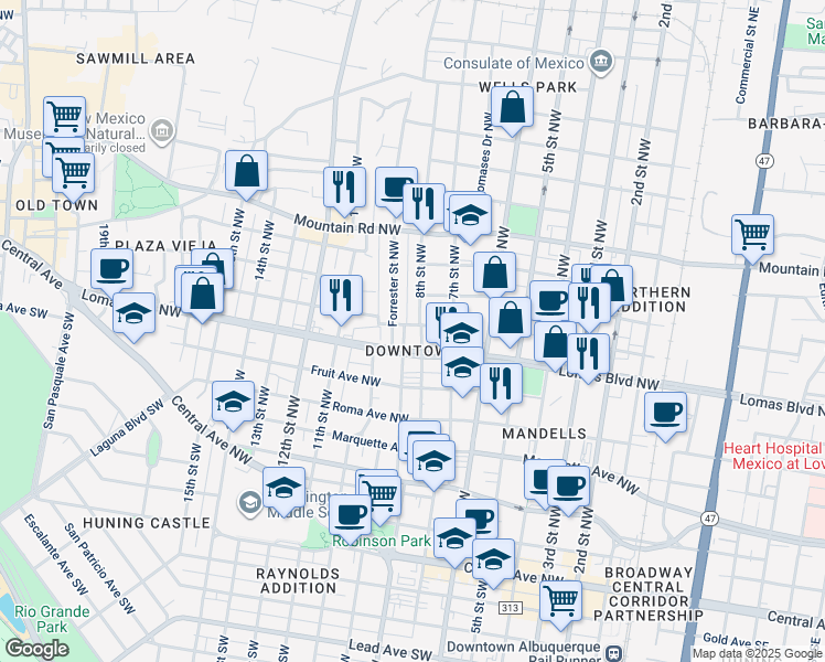 map of restaurants, bars, coffee shops, grocery stores, and more near 824 Forrester Avenue Northwest in Albuquerque
