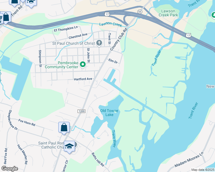map of restaurants, bars, coffee shops, grocery stores, and more near 1507 Zurich Place in New Bern
