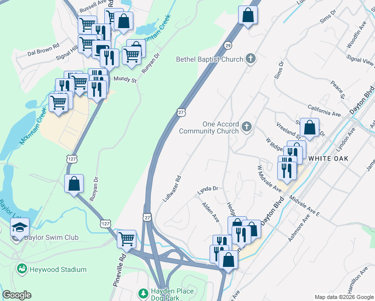 map of restaurants, bars, coffee shops, grocery stores, and more near 445 Lullwater Road in Chattanooga