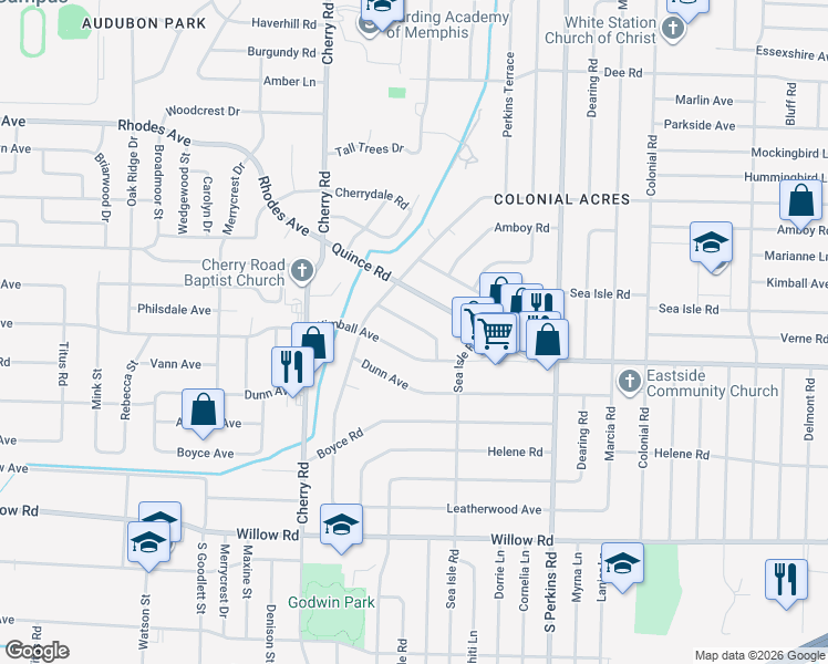 map of restaurants, bars, coffee shops, grocery stores, and more near 4475 Garnett Road in Memphis