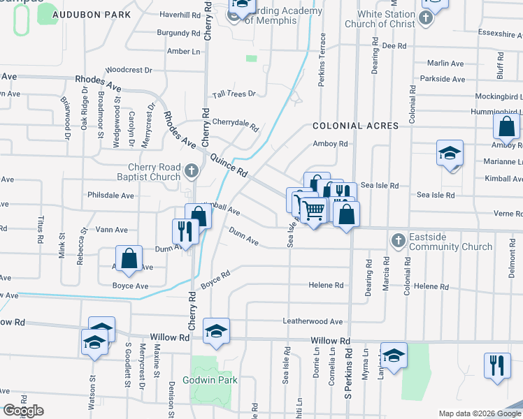 map of restaurants, bars, coffee shops, grocery stores, and more near 4475 Garnett Road in Memphis