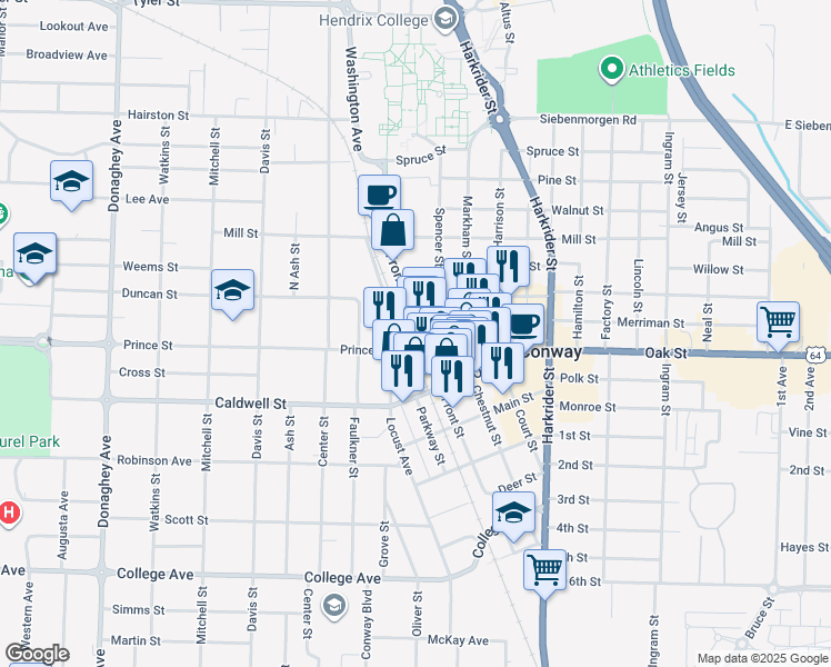 map of restaurants, bars, coffee shops, grocery stores, and more near 1027 Front Street in Conway