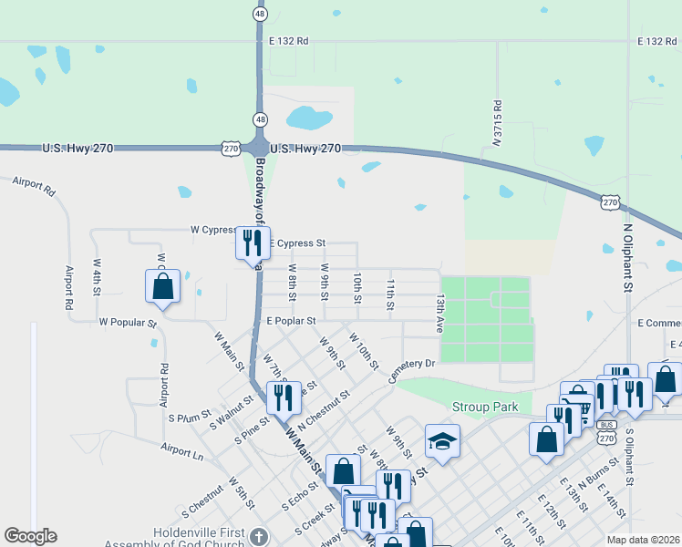 map of restaurants, bars, coffee shops, grocery stores, and more near 319 East Hickory Street in Holdenville