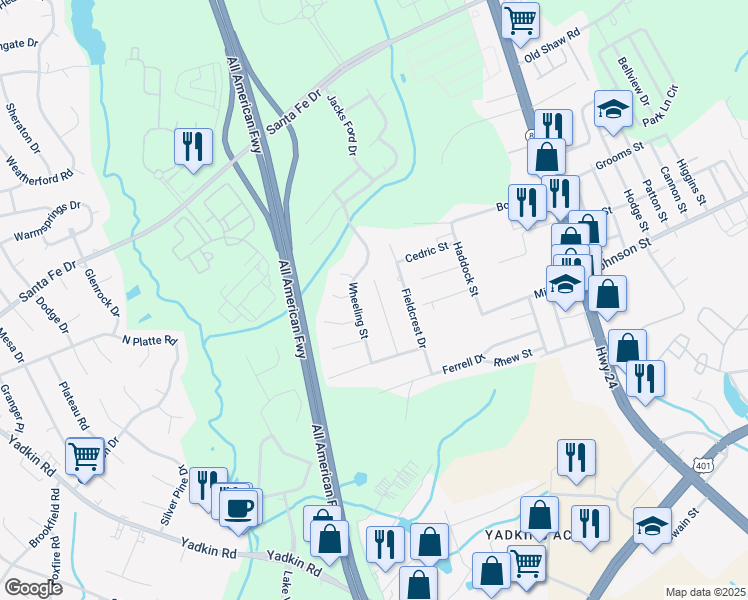map of restaurants, bars, coffee shops, grocery stores, and more near 4971 Galveston Drive in Fayetteville