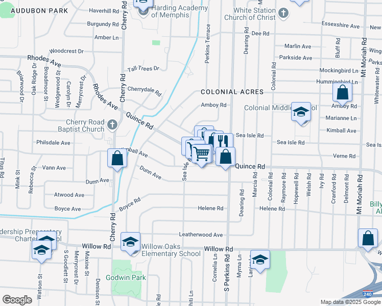 map of restaurants, bars, coffee shops, grocery stores, and more near 4561 Quince Road in Memphis