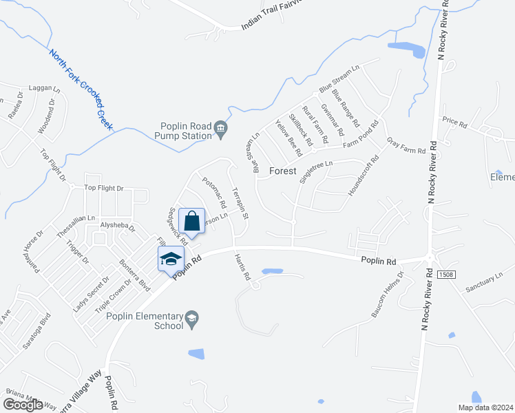 map of restaurants, bars, coffee shops, grocery stores, and more near 1023 Blue Stream Lane in Indian Trail