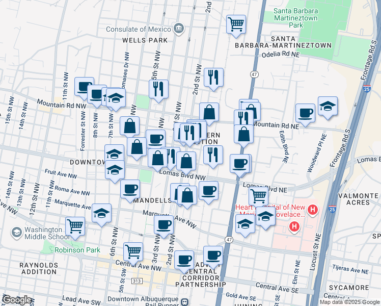 map of restaurants, bars, coffee shops, grocery stores, and more near 100-198 Marble Avenue Northwest in Albuquerque