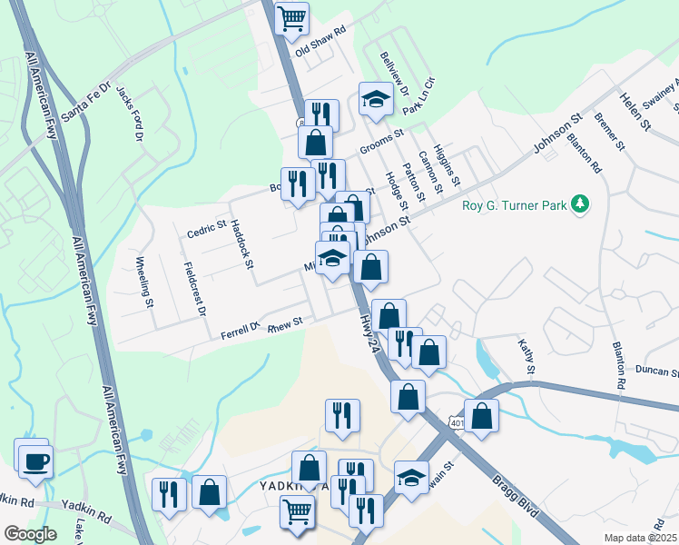 map of restaurants, bars, coffee shops, grocery stores, and more near in Fayetteville