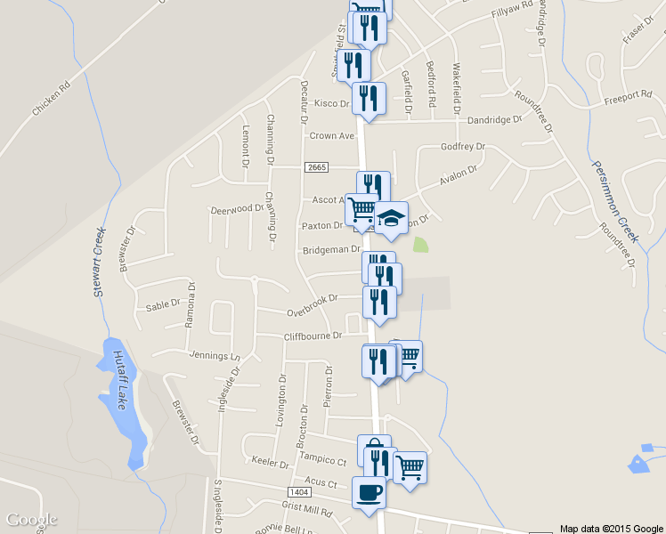 map of restaurants, bars, coffee shops, grocery stores, and more near 7518 Amberly Way Drive in Fayetteville