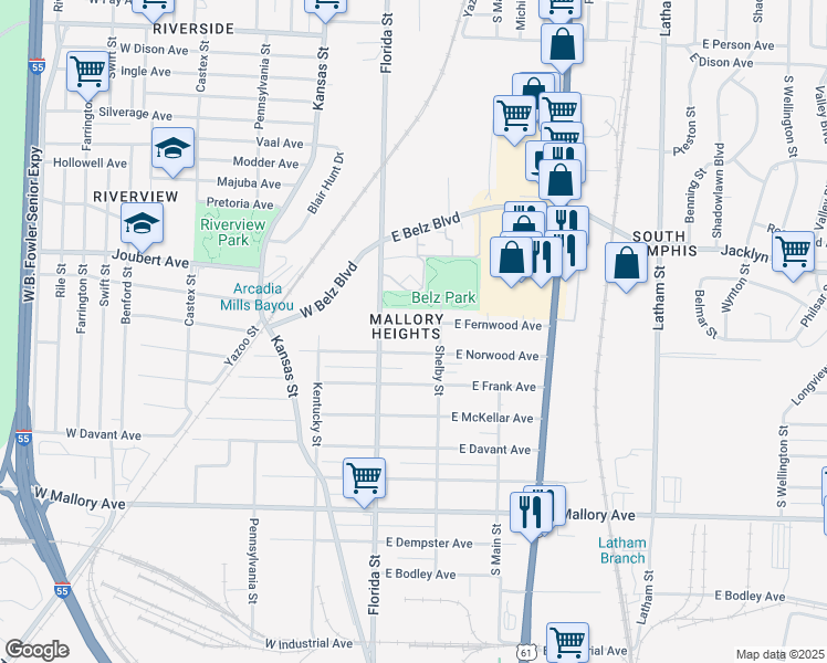 map of restaurants, bars, coffee shops, grocery stores, and more near 39 East Fernwood Avenue in Memphis