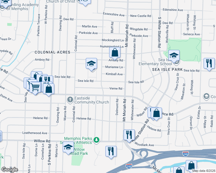 map of restaurants, bars, coffee shops, grocery stores, and more near 4918 Verne Road in Memphis