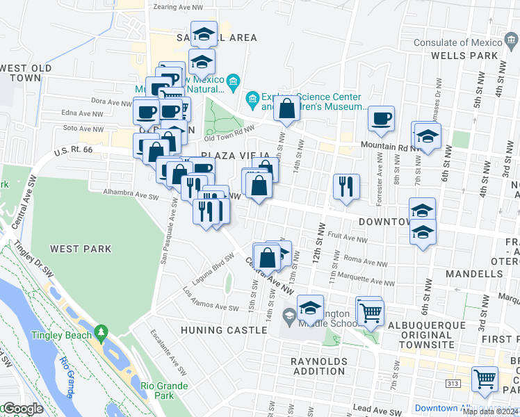 map of restaurants, bars, coffee shops, grocery stores, and more near 1504 Lomas Boulevard Northwest in Albuquerque