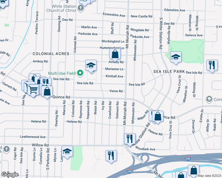 map of restaurants, bars, coffee shops, grocery stores, and more near 4918 Verne Road in Memphis