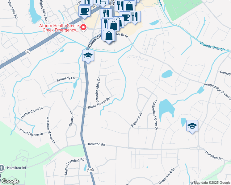 map of restaurants, bars, coffee shops, grocery stores, and more near 12922 Rothe House Road in Charlotte