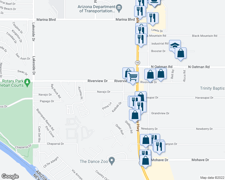 map of restaurants, bars, coffee shops, grocery stores, and more near 1345 Navajo Drive in Bullhead City