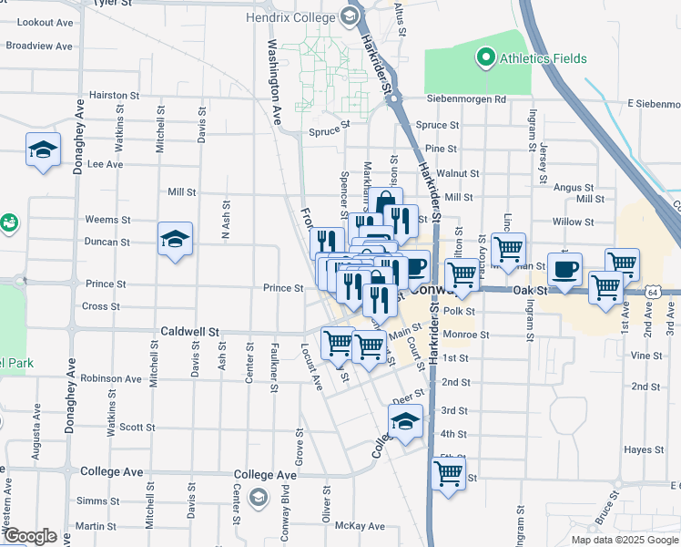 map of restaurants, bars, coffee shops, grocery stores, and more near 1025 Markham Street in Conway