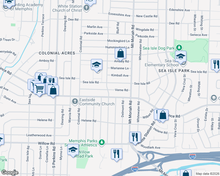 map of restaurants, bars, coffee shops, grocery stores, and more near 1434 Ivy Road in Memphis