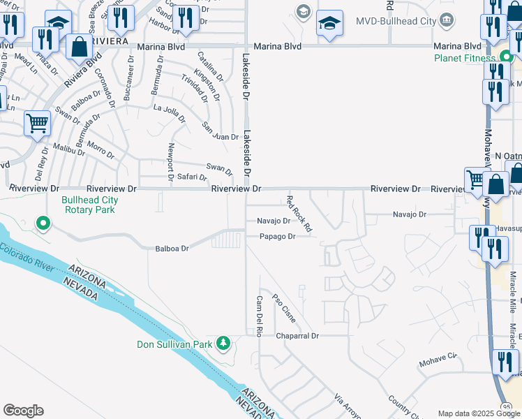 map of restaurants, bars, coffee shops, grocery stores, and more near 1030 Rosebud Drive in Bullhead City