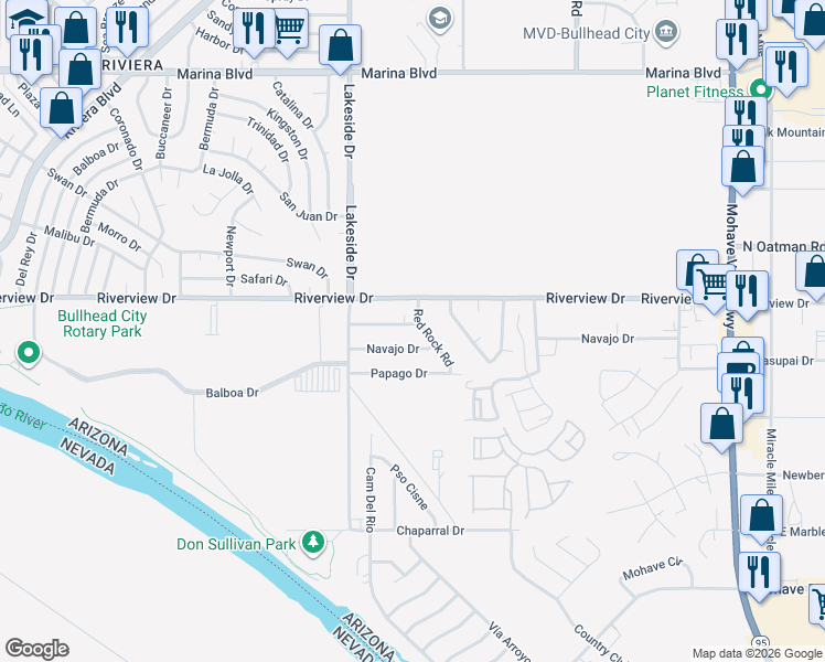 map of restaurants, bars, coffee shops, grocery stores, and more near 1084 Rosebud Drive in Bullhead City