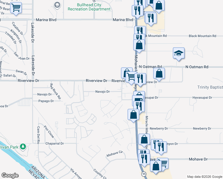 map of restaurants, bars, coffee shops, grocery stores, and more near 1345 Navajo Drive in Bullhead City
